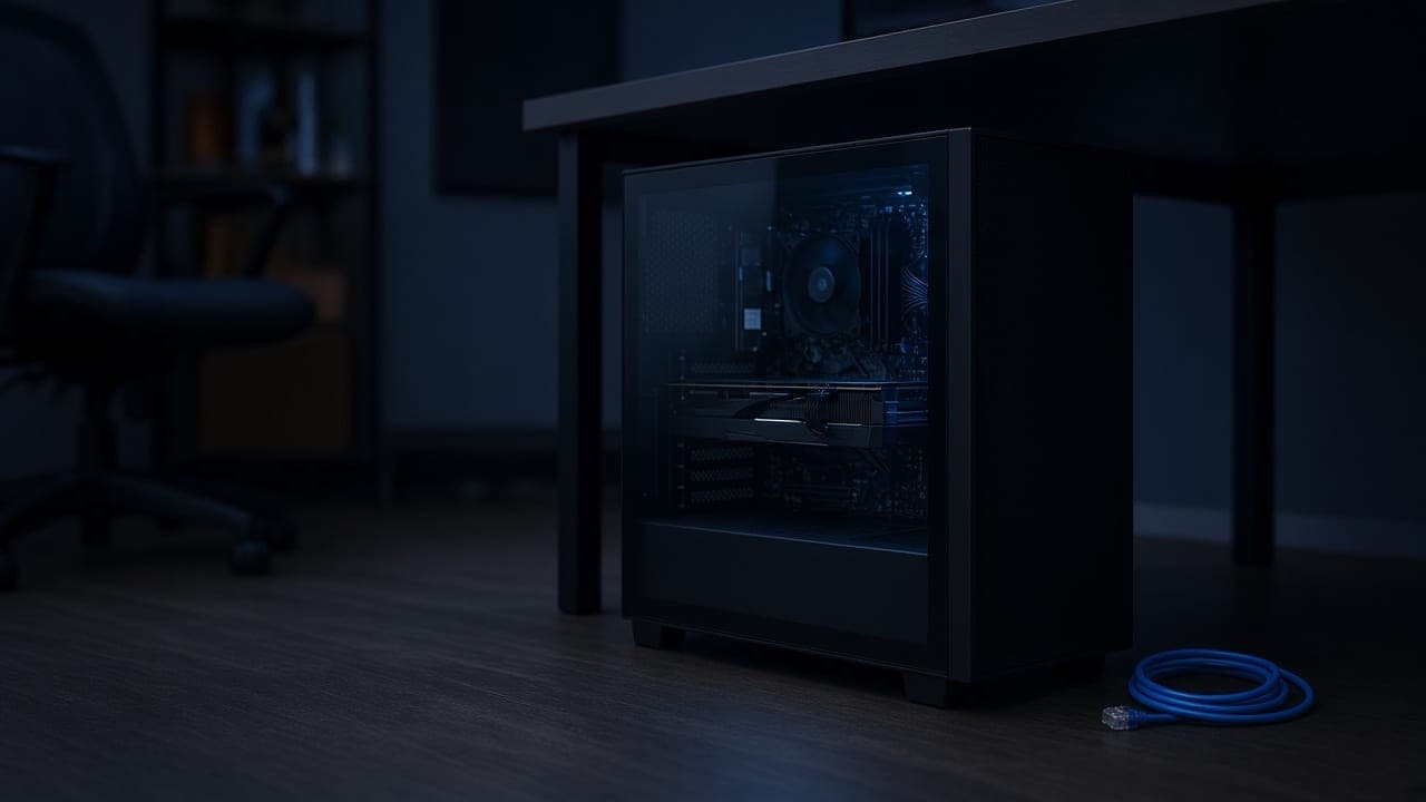A workstation tower with a faintly lit graphics card and an unplugged network cable beside it.